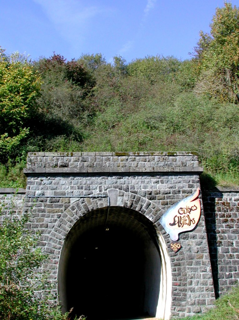 Deutschland, Landkreis Vulkaneifel, Verbandsgemeinde Daun in Rheinland-Pfalz, Maare- Mosel-Radweg von Schalkenmehren nach Daun, Tunnel Groes Schlitzohr, ehemals Schalkenmehrener Tunnel. Der Tunnel (560 m) liegt 2 km vom Bahnhof Daun entfernt unter dem  Ltzelbacher Kopf . Der Tunnel ist heute als Teil des MMR beleuchtet und trgt am Eingang die Aufschrift  Groes Schlitzohr . Dies deutet auf eine Fledermausart hin, die sich im Tunnel angesiedelt hat. 31.08.2002