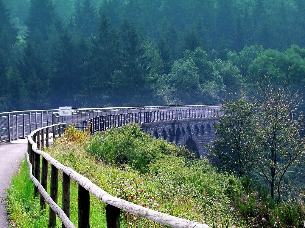 Deutschland, Rheinland-Pfalz, Eifel, Daun, der Maare-Mosel-Radweg (MMR) in der Ausfahrt aus dem Bahnhof der Eifelquerbahn. Der MMR (58 km lang) verbindet Daun in der Vulkaneifel ber die ehemaligen Bahnnebenstrecken Daun-Wengerohr und Wengerohr–Bernkastel-Kues mit dem Moseltal. Blick auf den Dauner Viadukt (Hhe: 28m). 31.08.2002