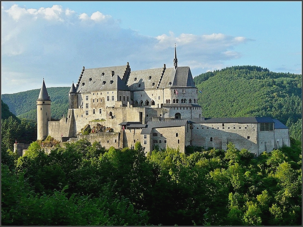 Die imposante Stauferburg, die mchtigste noch bestehende Wehranlage Luxemburgs, zeugt heute noch, dass die Grafen von Vianden bis ins 15. Jahrhundert die mchtigsten Herren zwischen Rhein, Mosel und Maas waren.
Die Burg besitzt eine innere Mauer mit Ecktrmen. Innerhalb dieser Kernburg befinden sich die Wohnrume, Festsle und Wirtschaftsrume. Der uere Mauerring ist deutlich niedriger und bietet durch drei auf einander folgende Tore Zugang zum Innern der Burg. Die Anlage ist insgesamt etwa 85 Meter lang und 30 Meter breit.
Die interessantesten Rume sind die Burgkapelle und der kleine Palas, die im 12. Jahrhundert und whrend der ersten Hlfte des 13. Jahrhunderts erbaut wurden. Der Jlicher Bau und der Nassauer Bau wurden erst im 17. Jahrhundert errichtet. Der Rittersaal der Burg fasst bis zu 500 Personen.
Ursprung der gesamten Anlage bildete eine rmische Wachanlage ab dem ausgehenden 5. Jahrhundert. Von 1417 bis zur Franzsischen Revolution war die Burg im Besitz des Hauses Oranien-Nassau. Die Burg wurde whrend der franzsischen Revolution konfisziert, jedoch 1815 an Groherzog Wilhelm I. von Luxemburg zurckgeben. Wenzeslas Coster, der damalige Brgermeister der Stadt, erwarb die Burg 1820 bei einer Versteigerung. Er setzte die verkuflichen Materialien der Burg wie zum Beispiel Kupferbedachung, Bleiverglasung, Holztfelung und Eisenbeschlge schnell ab, worauf die Burg zusehends verfiel. 1890 kam die Burg mit Groherzog Adolf in die Hnde des lteren Hauses der Nassauer und blieb bis 1977, als sie verstaatlicht wurde, im Besitz der Groherzge. Seither ist sie fast vollstndig restauriert worden. 12.07.10 (Jeanny)
