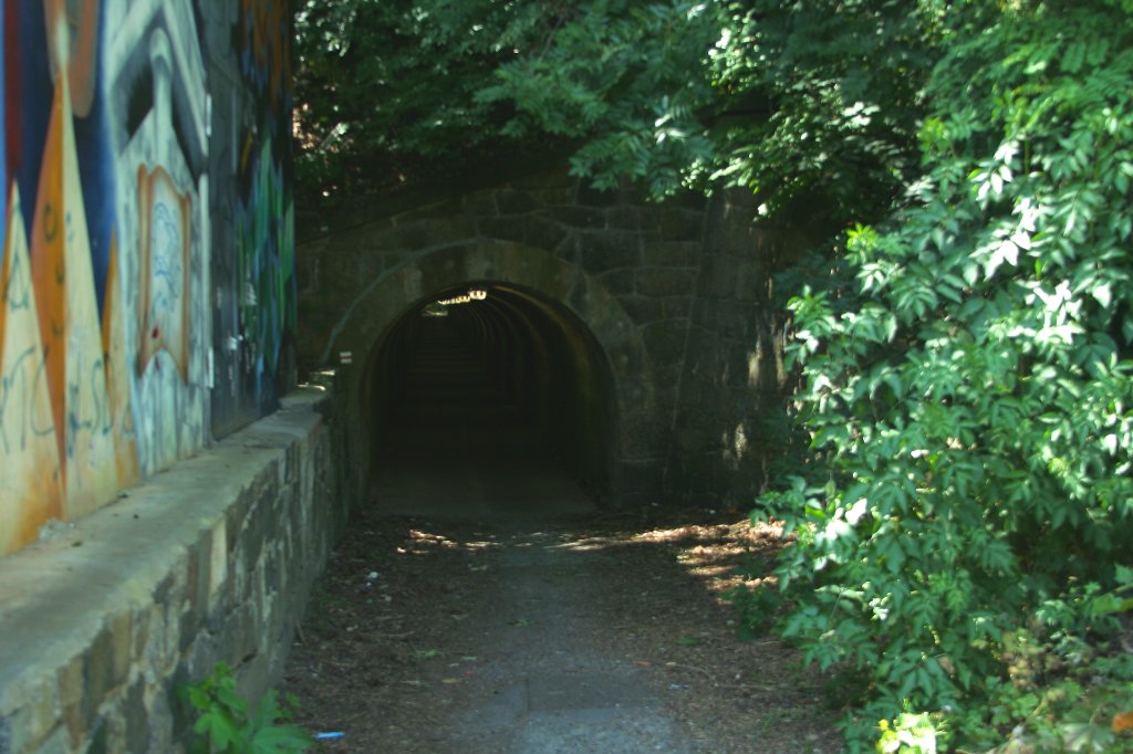 Die Mauerschleuse, eine relativ lange Fugngertunnelverbindung zwischen Kamenzer Innenstadt und dem westlichen Stadtbereich. Er unterquert das ehemalige Bahnbetriebswerk und den Gterbahnhof und ist in dieser Form der Anlage ziemlich einzigartig! (Aufnahme vom 01.07.2011)