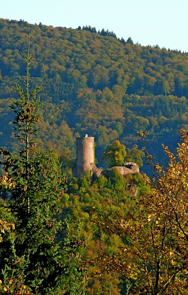 die Ruine der Sausenburg im sdlichen Schwarzwald, gesehen vom Schlo Brgeln, die Hhenburg auf dem 665m hohen Sausenberg entstand um 1230, Okt.2011 