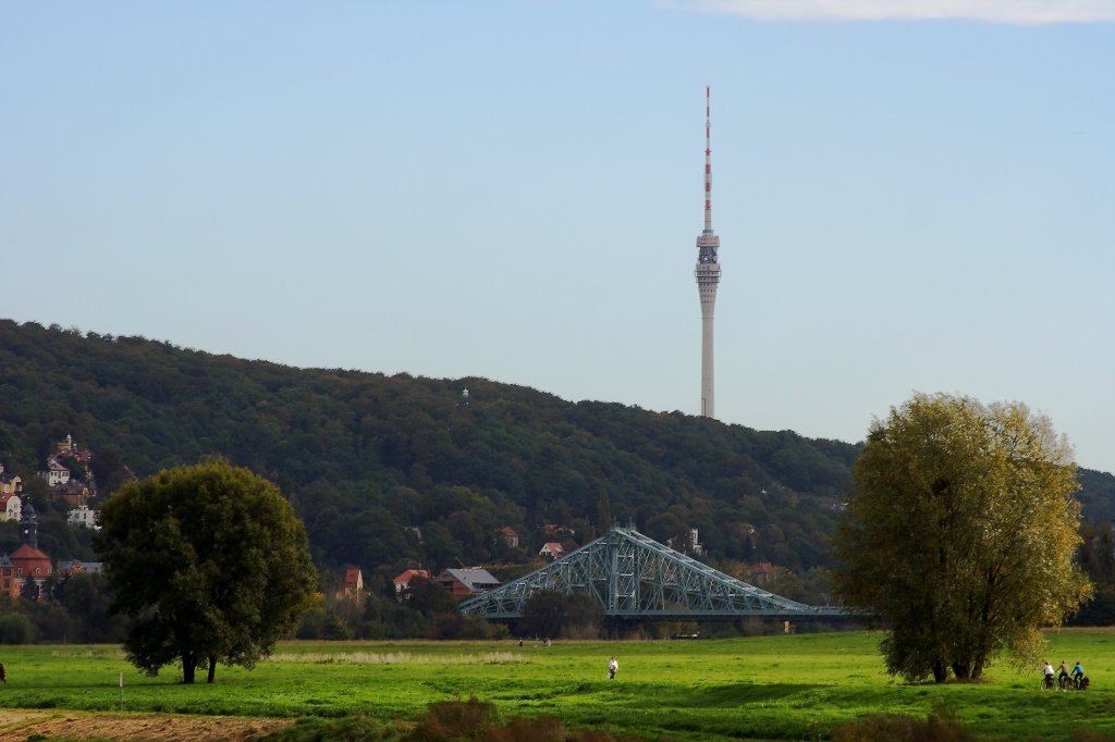 Diese Aufnahme der Loschwitzbrcke  Blaues Wunder  mit dem Dresdener Fernsehturm im Hintergrund entstand am 06.10.2011 auf der Elbe vom Motorschiff  August der Starke  aus.