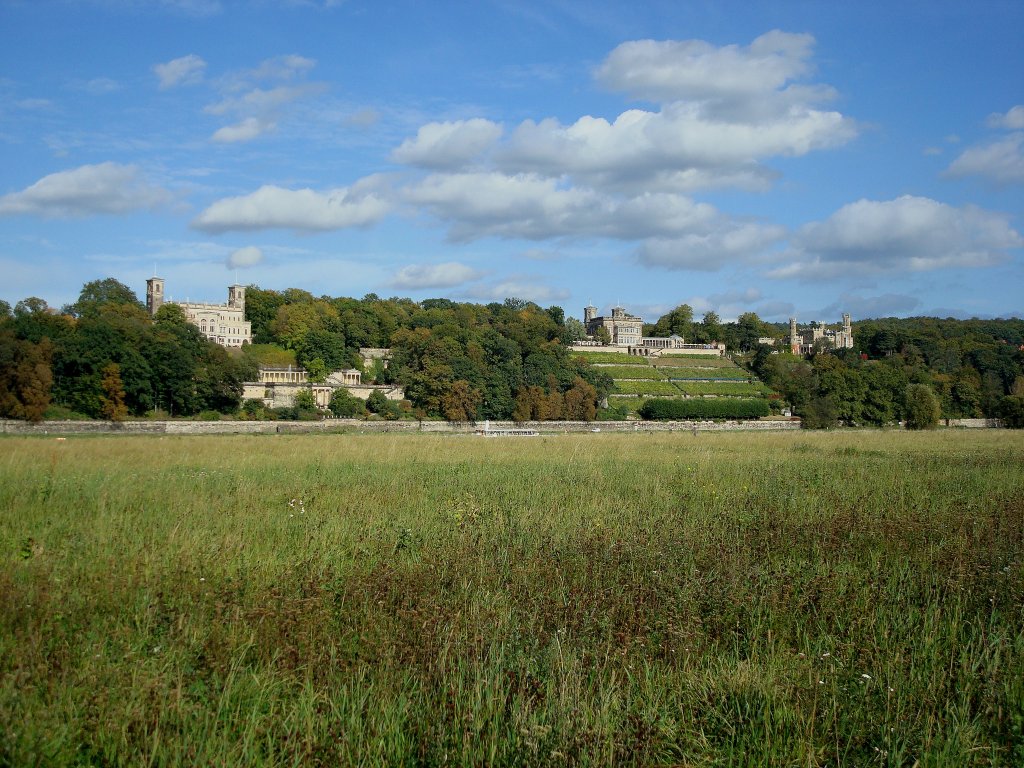 Dresden, die drei Elbschlsser von den Elbwiesen aus gesehen, Okt.2009