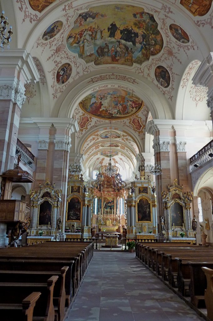 Ebersmnster im Elsa, die Pfeilerhalle der Barockkirche St.Mauritius ist 56m lang, der Vorarlberger Peter Thumb baute die Kirche 1720-26, Mai 2011