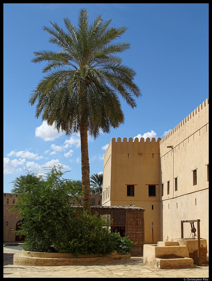 Ein Brunnen und eine Palme im Hof der Festung von Nizwa. (03.12.2012)