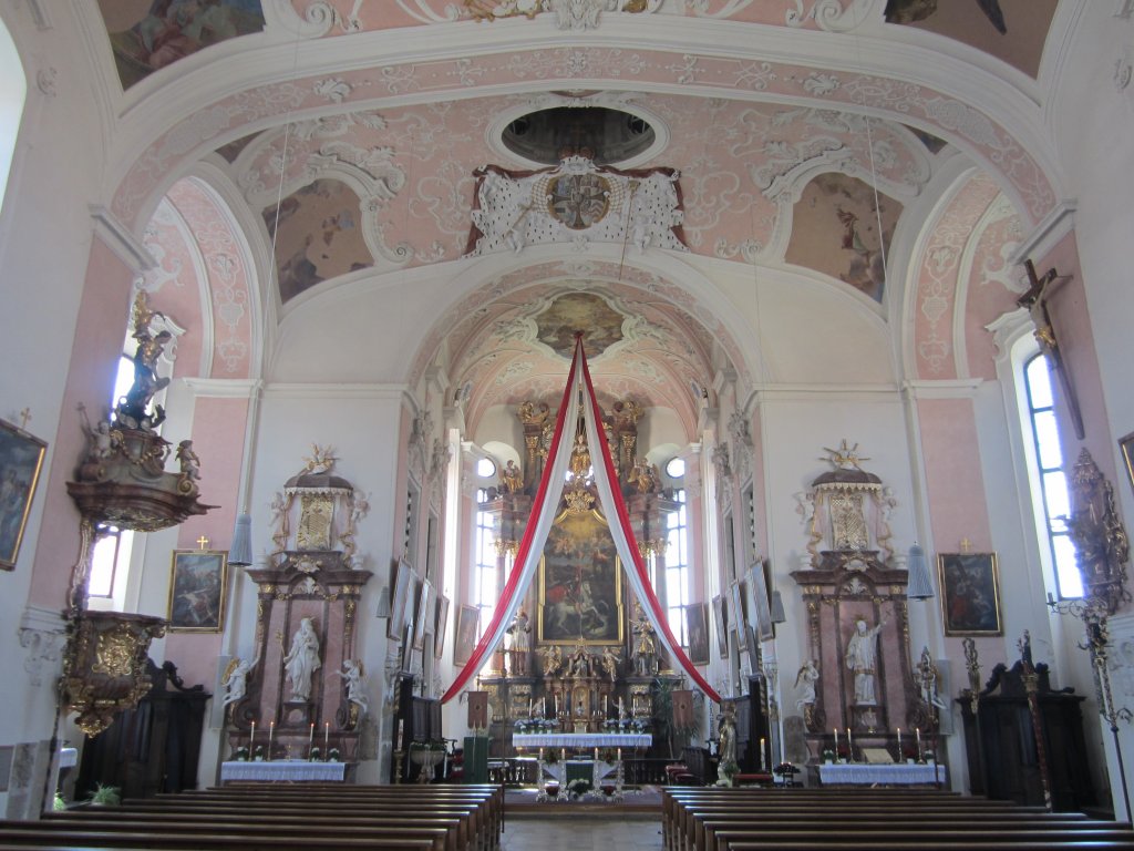 Ellingen, Altäre und Kanzel der St. Georg Kirche, Hochaltar mit Bild von F. Janneck (16.06.2013)