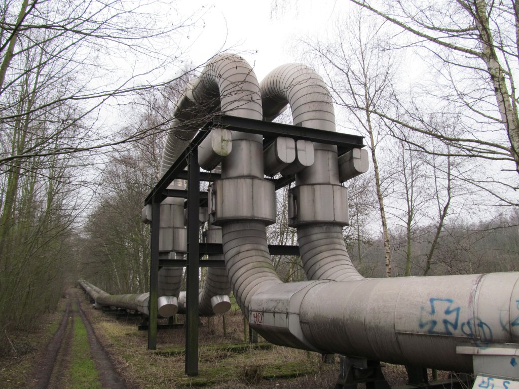 Fernwrmeleitungen mit Ausgleichsbgen im Nordsternpark in Gelsenkirchen-Horst/Heler am 10. Mrz 2012.