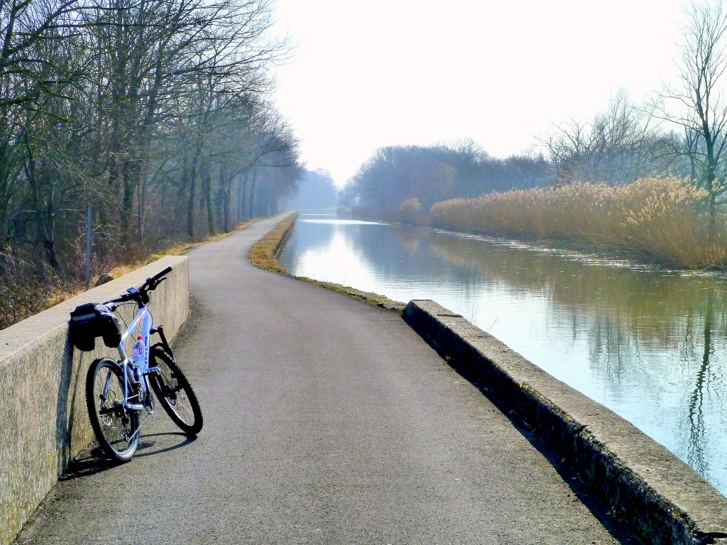Frankreich, Elsass-Lothringen, Radweg am Canal de la Sarre entlang, zwischen den Schleusen 1 und 2 am tang (Weiher) du Stock. Von Norden nach Sden in Richtung Diane-Capelle fotografiert am 05.03.2011. 