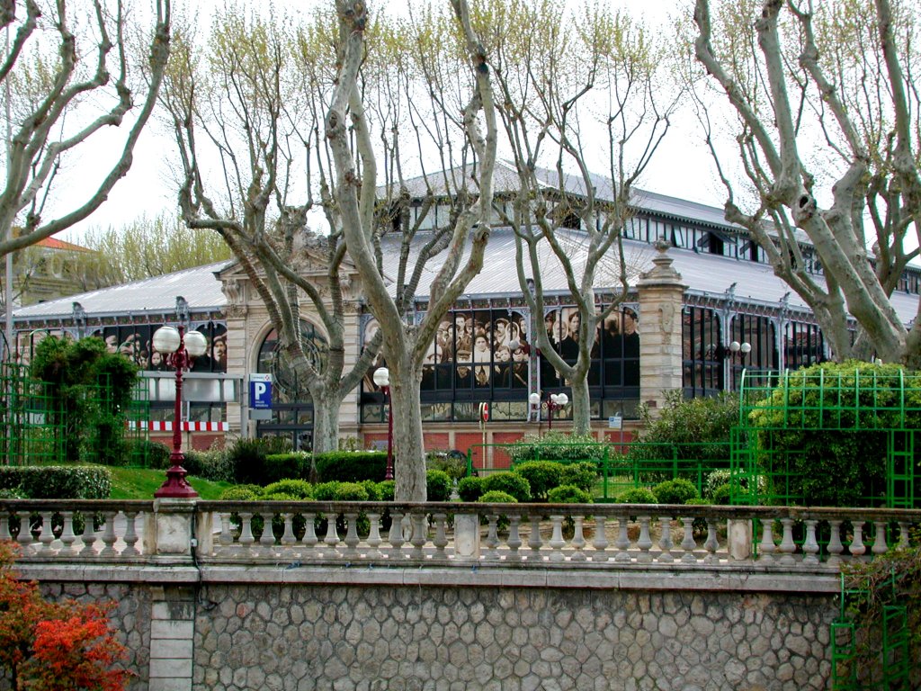 Frankreich, Languedoc-Roussillon, Aude, Narbonne, Cours Mirabeau am Kanal der Robine. Die  Halles de Narbonnes . 14.04.2004