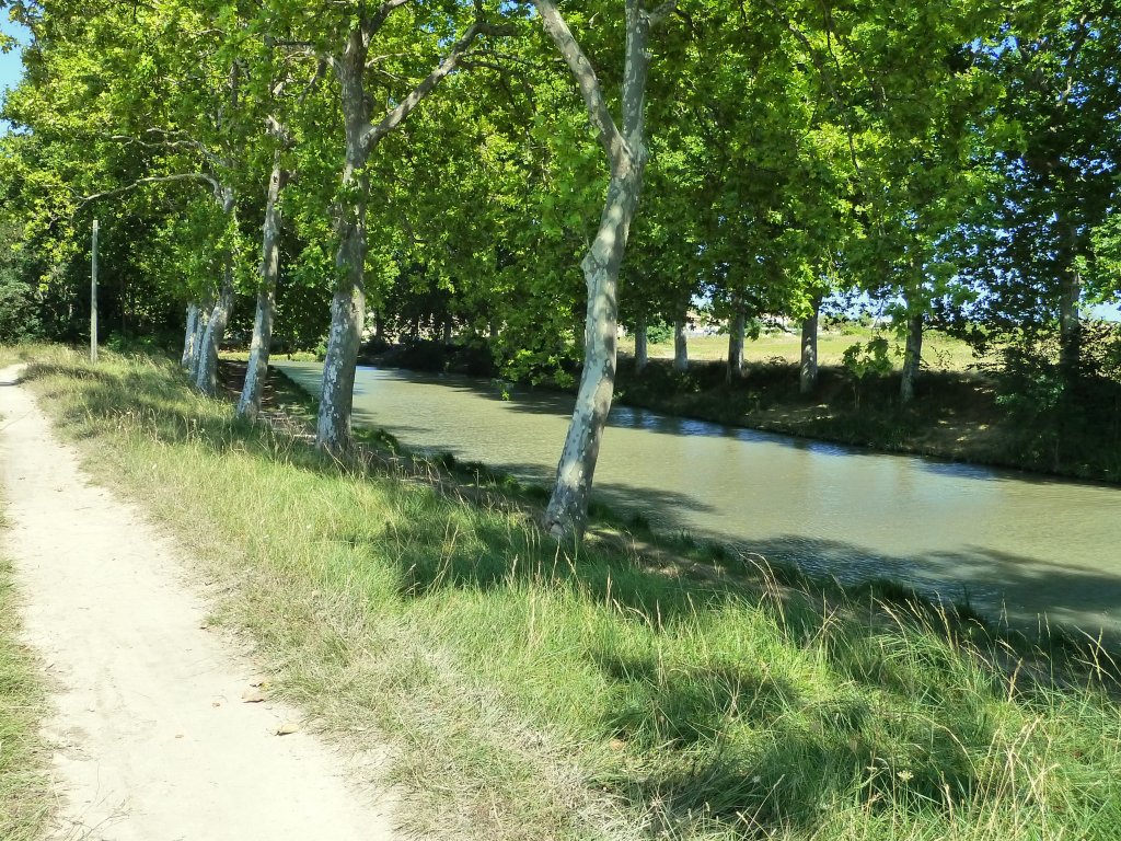 Frankreich, Languedoc-Roussillon, der Radweg am Canal du Midi entlang, hier zwischen Colombiers und Le Malpas in schlechtem Zustand. 17.08.2011