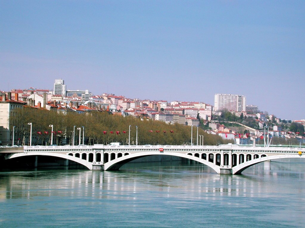 Frankreich, Rhne-Alpes, Rhne, Lyon, Pont Wilson ber den Rhne, Sicht auf Lyon am rechten Rhne Ufer, vom Pont de la Guillotire aus nach Norden gesehen, 06.04.2005