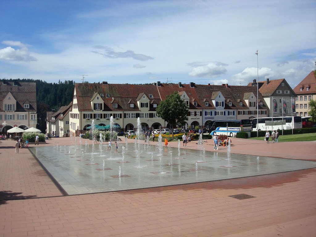 Freudenstadt im Schwarzwald,
1999 wurde auf Deutschlands grtem Marktplatz diese grozgige Wasserflche mit 50 Fontnen in Betrieb genommen, 
Aug.2010