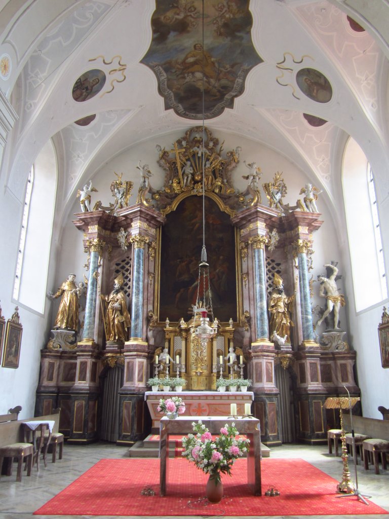 Gramschatz, Altar von Hofbildhauer Johann Wolfgang von der Auvera der St. Cyriakus Kirche, Gemlde von Andreas Urlaub, Unterfranken (17.06.2012)