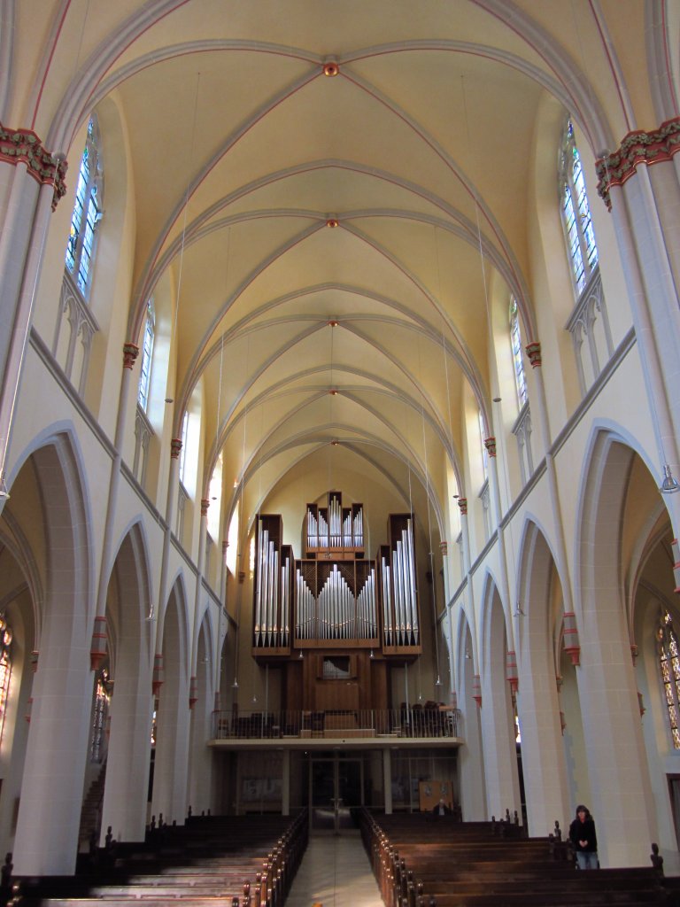 Halle, St. Franziskuskirche, Langschiff und Orgelempore, Orgel von Schuster & Sohn aus Zittau (15.03.2012)