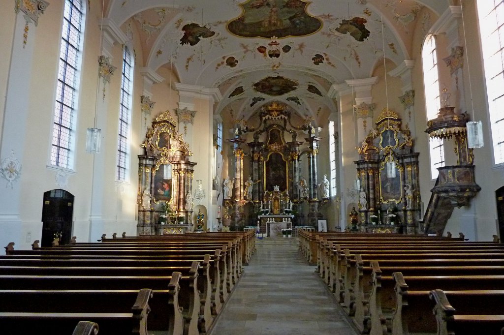 Herbolzheim, Innenraum der Pfarrkirche St.Alexius, namhafte Knstler der Vorarlberger Schule schufen diesen barocken Kirchenbau von 1752-54, Nov.2011