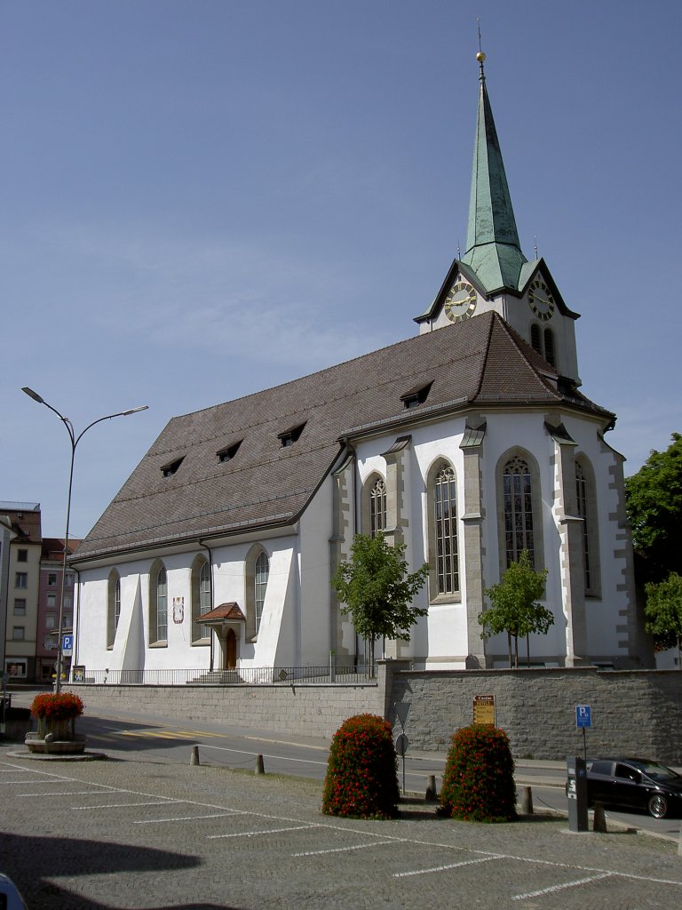 Herisau, Reformierte Kirche, erbaut von 1516 bis 1520 von Lorenz Reder 
im sptgotischen Stil (21.08.2011)