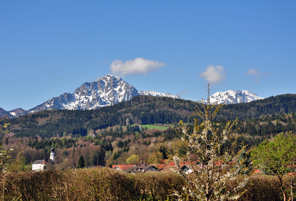 Hochstaufen und Zwiesel von Feldkirchen aus mit einer typischen Zwiebelturmkirche in Obb. - 25.04.2012