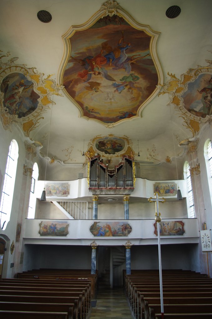 Hochwang, Hl. Kreuz Kirche, Orgelempore und Deckenfresko, 
Landkreis Gnzburg (07.07.2011)