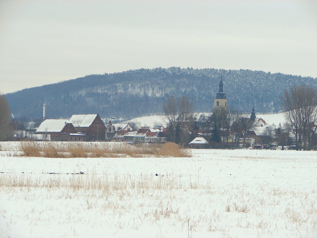 Laucha an der Unstrut - Blick zur Kirche - links die alte Mhle - 17.01.2010 
