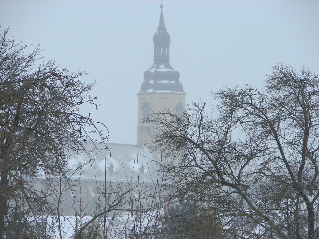 Laucha an der Unstrut - im Griff von Tief  Daisy  - Blick zur Kirche durch den wehenden Schnee - 10.01.2010
