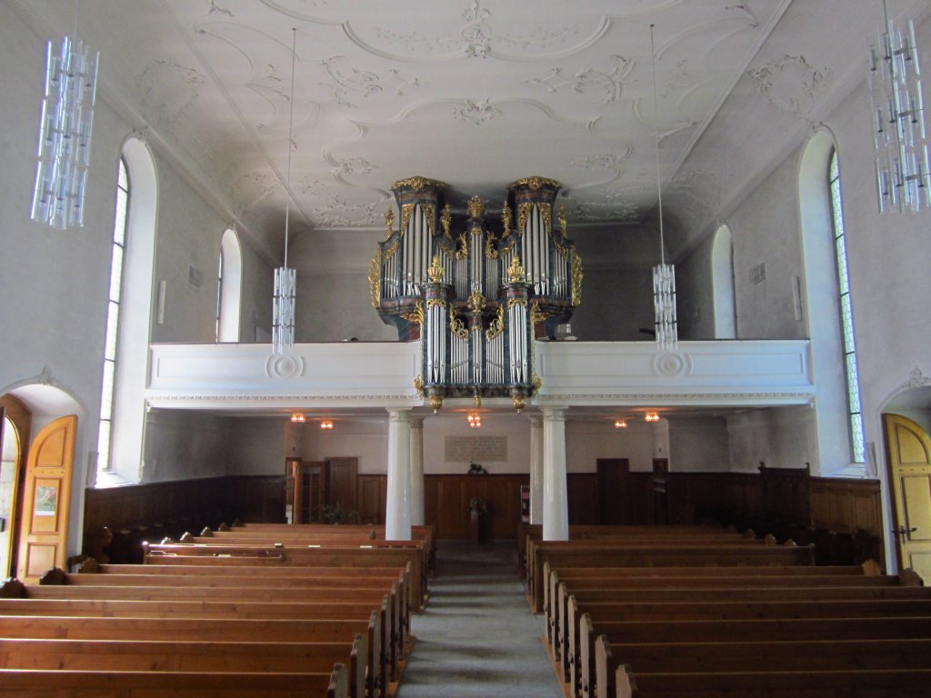 Lenzburg, Ref. Stadtkirche, Stuckdecke im Regencestil von Jakob Mosbrugger (07.06.2012)