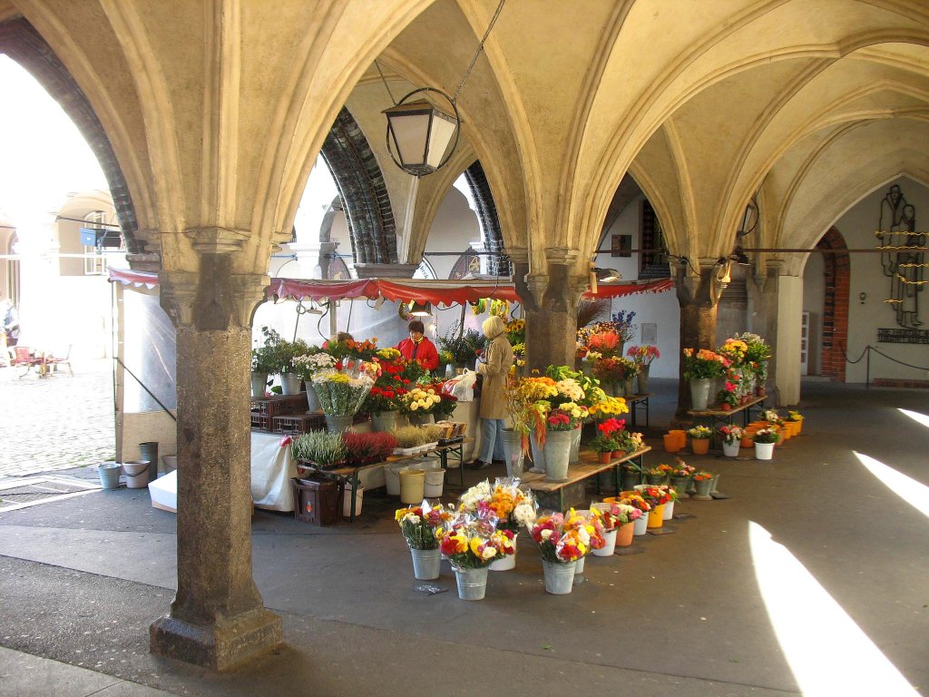 Lbeck, Rathaus-Arkaden.
Unter dem historischen Rathaus von Lbeck haben im Mittelalter Goldschmiede und andere Hndler ihre Waren feilgeboten. Jetzt stehen in der klteren Jahreszeit Blumenhndler und in der Weihnachtszeit andere Buden hier...
Aufgenommen am 9.10.2009