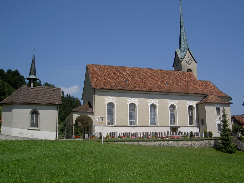 Meierskappel, Dorfkirche Zu unserer Lieben Frau, erbaut 1684, Turm von 1440 
(11.08.2012)