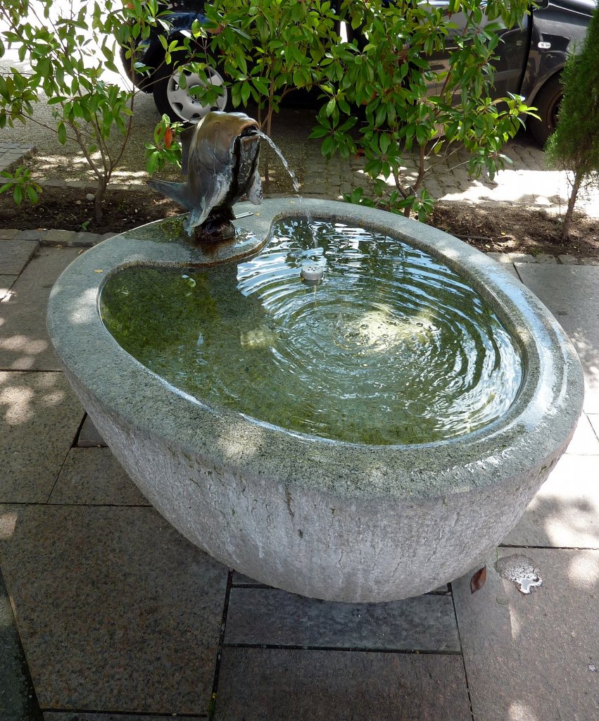 Neuenburg am Rhein, der Fischbrunnen, erinnert an den alten Gewerbezweig der Rheinfischer, Juni 2012