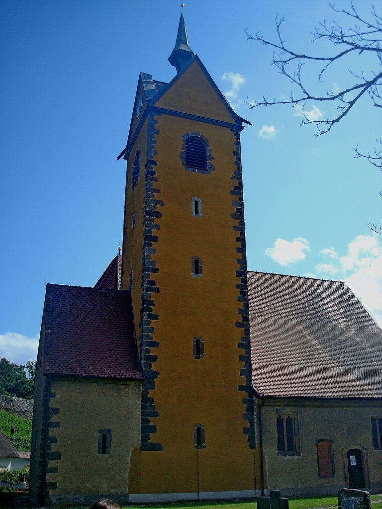 Niederrotweil am Kaiserstuhl, die St.Michaelis-Kirche mit Wandfresken aus dem 14.Jahrhundert und dem berhmten Holzschnizaltar aus dem 16.Jahrhundert vom Meister  HL , der auch den Breisacher Mnsteraltar erschuf, Juni 2011