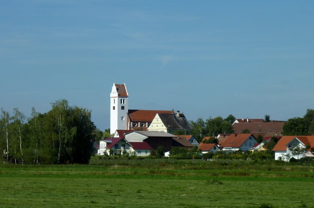 Oggelshausen am Federsee, Blick auf den Ort mit der weithin sichtbaren Pfarrkirche St.Laurentius, Aug.2012