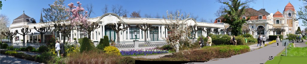 Panoramaaufnahme in Bad-Neuenahr. Vom Seitenflgel (mit  Pelzhaus Alfredo ) bis Kurhaus - 18.04.2010