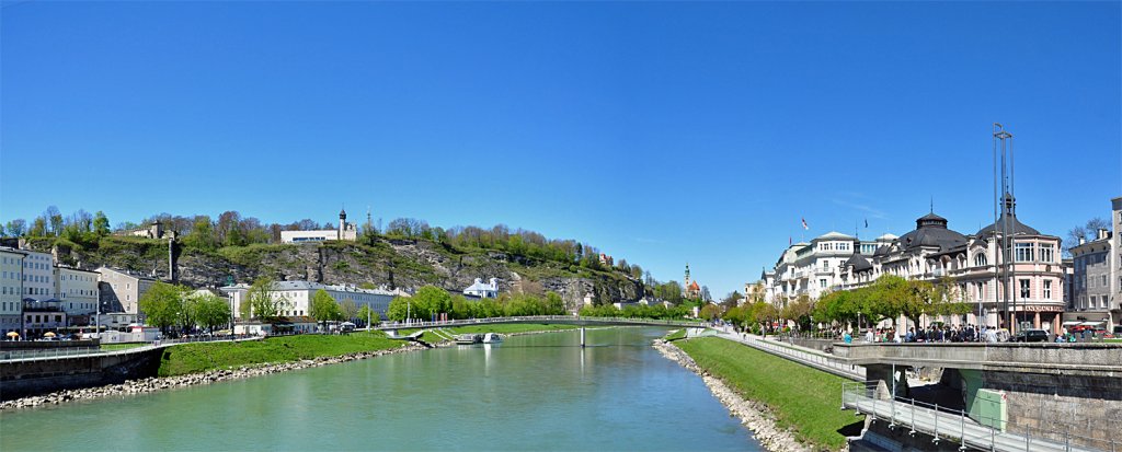 Salzburg Panoramaaufnahme. Blick von der Staatsbrcke ber die Salzach nach Norden - 25.04.2012
