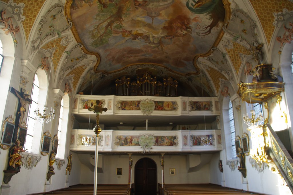 Schlingen, St. Martin Kirche, Fresken an der Empore vom Kunstmaler Baumann, 
Deckengemlde von Franz Anton Zeiller 1763, Kreis Unterallgu (15.01.2012)