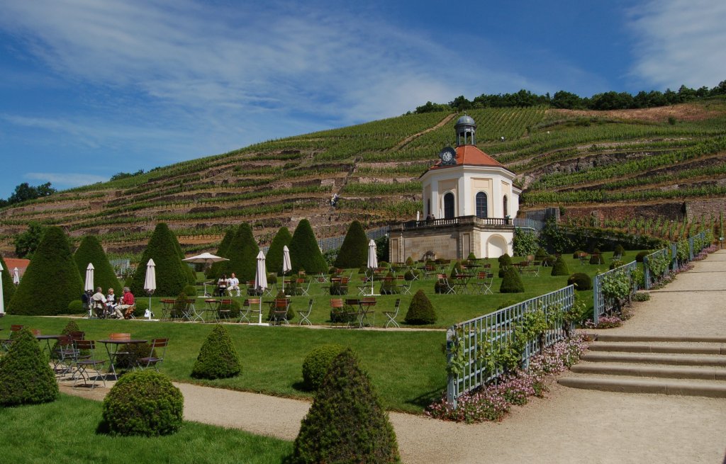 Schloss Wackerbarth bei Radebeul. Hier werden Weine und Sekte produziert. Im Hintergrund sind einige der Weinberge zu erkennen. 29.05.2011