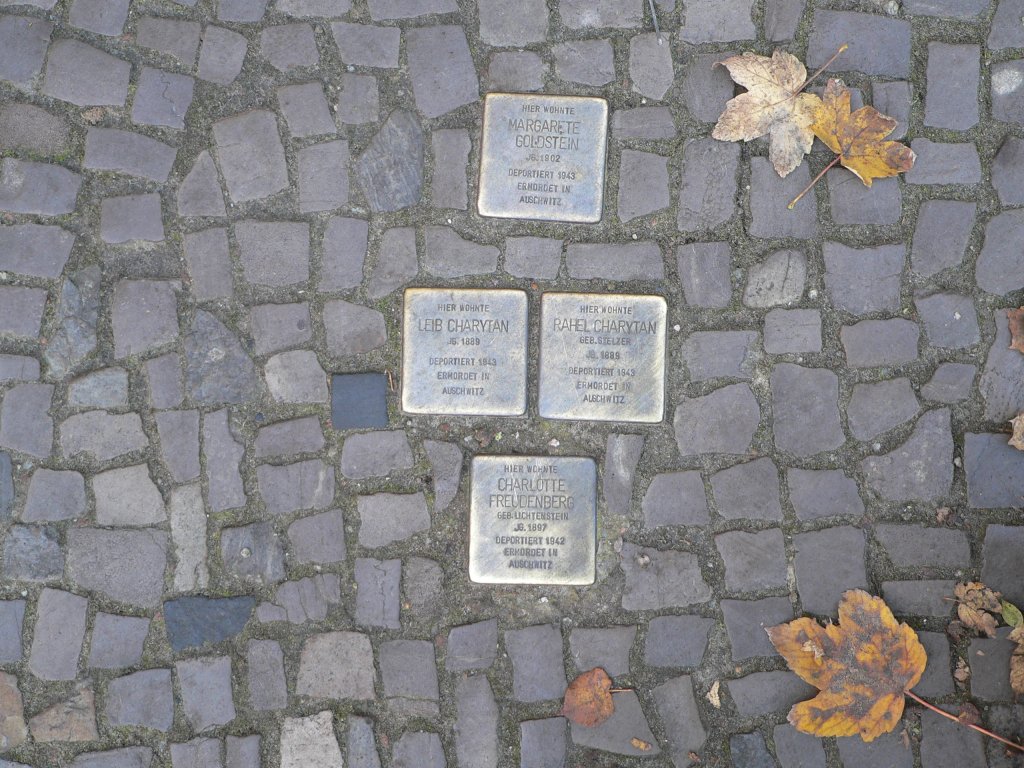 Stolpersteine in ganz Europa erinnern daran, dass die in Konzentrationslagern ermordeten Menschen nicht von irgendwo weit weg, sondern gleich von nebenan abgeholt wurden. Die Perspektive, dass es einzelne Menschen und Familien waren, die in normalen Husern und Wohnungen lebten, bevor ihnen alle Rechte genommen und sie letztendlich abtransportiert wurden, lsst die dahinterstehenden Schicksale leicht erahnen. 29.10.2011, Wandlitzstrae Berlin