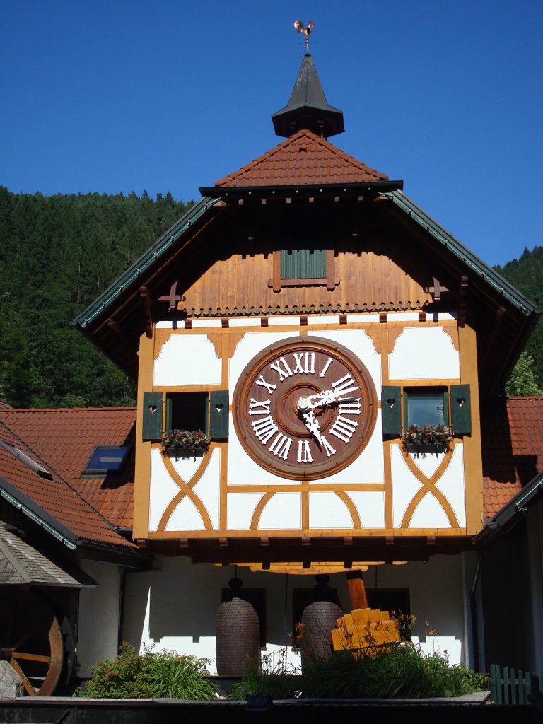 Triberg im Schwarzwald,
ein Denkmal fr eine weltweit bekannte Schwarzwlder Spezialitt,
die grte Kuckucksuhr der Welt, Nachbau eines Original-Uhrwerkes in Holz im Mastab 60:1, Gesamtgewicht 6t, das Pendel ist 8m lang und 100kg schwer,
kann auch innen besichtigt werden,
Aug.2010