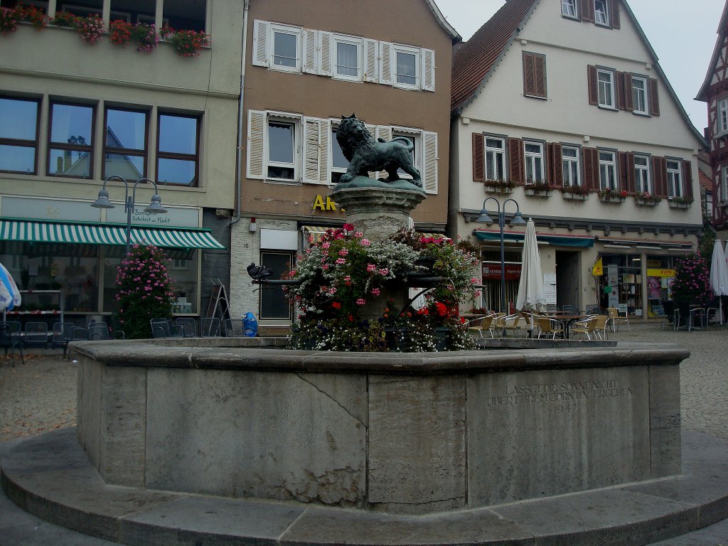 Vaihingen an der Enz, auf dem Marktplatz steht dieser Brunnen von 1947 mit der Inschrift  Lasset die Sonne nicht ber Euren Zorn untergehen  Okt.2010