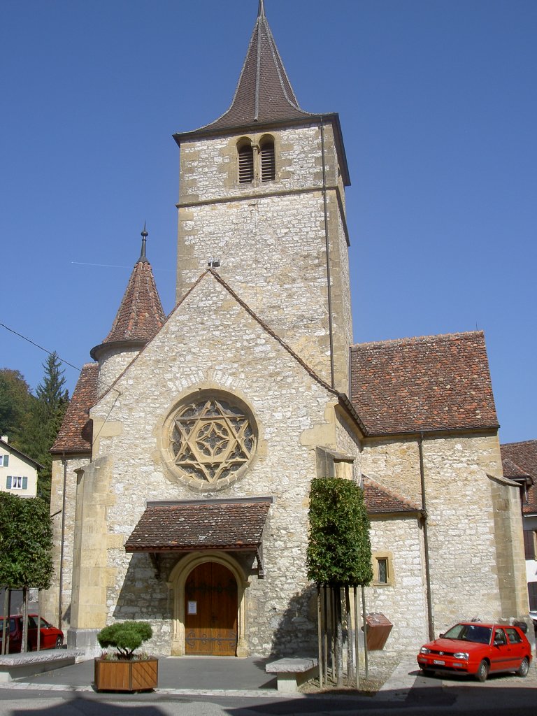Valangin, Ref. Stiftskirche St. Pierre, erbaut von 1500 bis 1505, Kanton 
Neuenburg (01.10.2011)