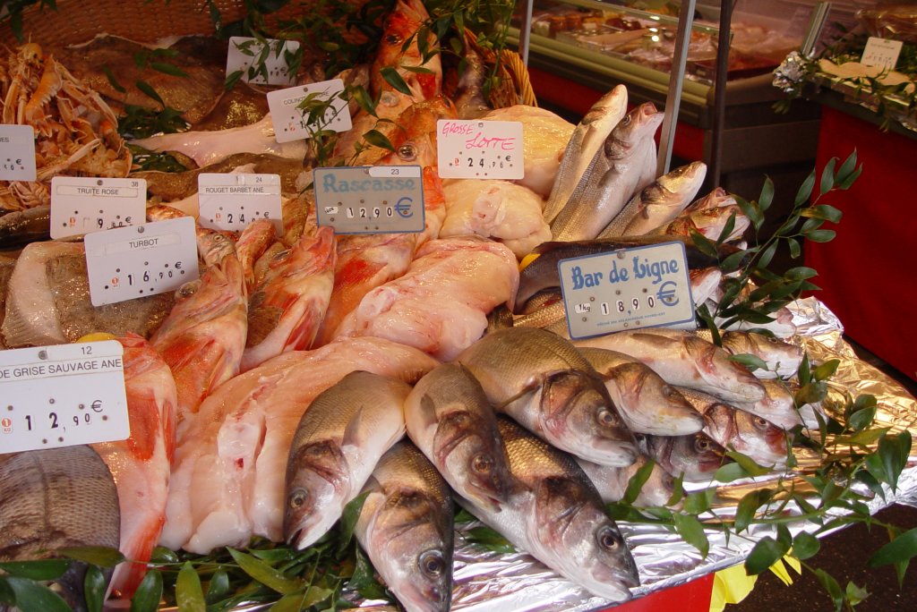 Verschiedene Fische ganz frisch von der Kste nach Paris gebracht und am Samstagmorgen auf dem Markt angeboten. (18.07.2009)
