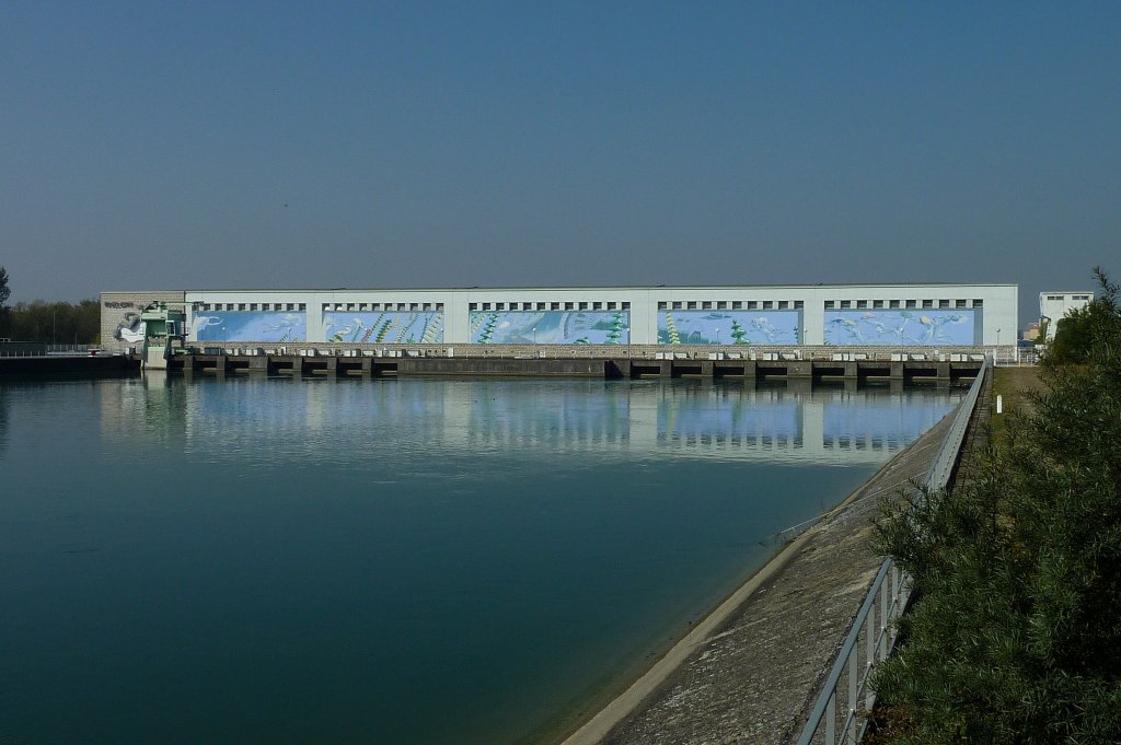 Vogelgrn im Elsa, das Flukraftwerk an der Staustufe, die Einstrmseite mit origineller Fassadenbemalung, Sept.2011