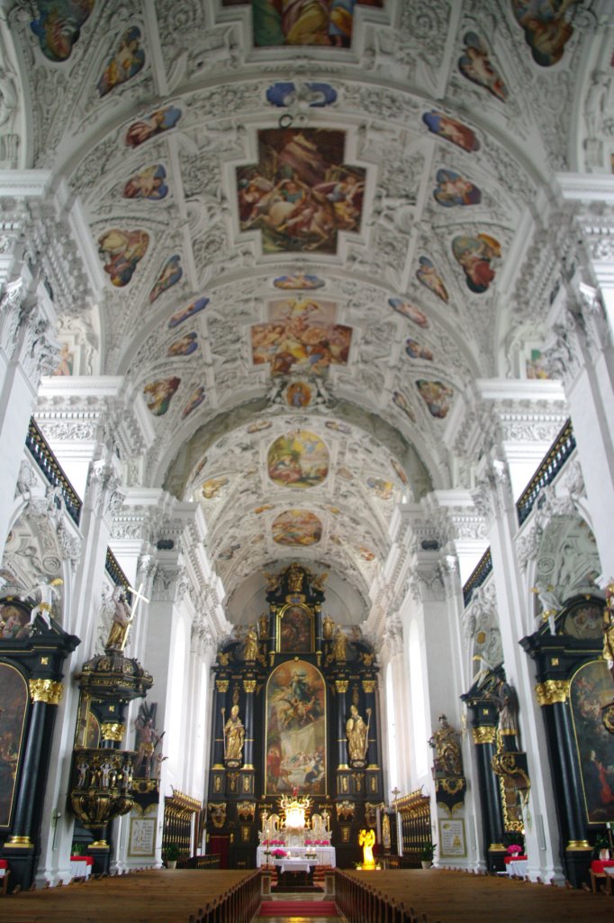 Waldhausen, Stiftskirche Maria Himmelfahrt, reiche Stuckdecke mit einglassenen 
kleinen Fresken von Giovanni Battista Colomba (20.04.2013)