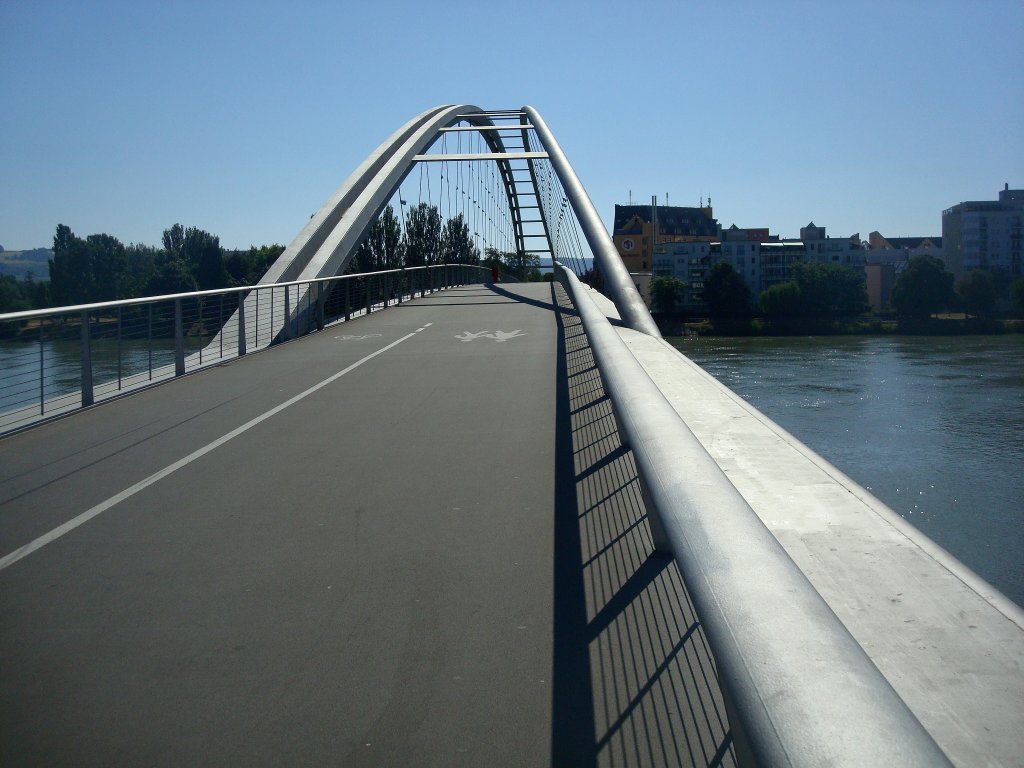 Weil am Rhein,
die lngste Fugngerbrcke der Welt mit 238m Spannweite verbindet Deutschland mit Frankreich, eingeweiht 2007,
Juni 2010