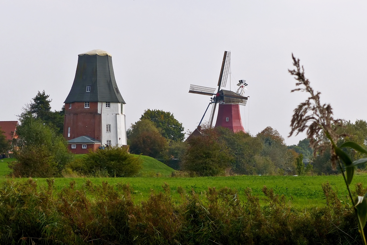 . Greetsiel (Krummhrn) - Das Wahrzeichen von Greetsiel, die Zwillingsmhlen. 06.10.2014 (Jeanny)

 Es handelt sich um zwei Hollnderwindmhlen. Sie stehen im Abstand von etwa 130 Metern am Ortseingang stlich vom alten Greetsieler Sieltief. Die grne, westliche Mhle stammt aus dem Jahr 1856, die rote, stliche Mhle (Schoof’s Mhle) wurde 1706 gebaut und kann besichtigt werden.

 Am 28. Oktober 2013 beschdigte der Orkan Christian die grne Mhle schwer. Der Sturm riss Flgel und Kappe der Mhle ab, auch die Galerie sowie Teile des Mauerwerks wurden beschdigt.