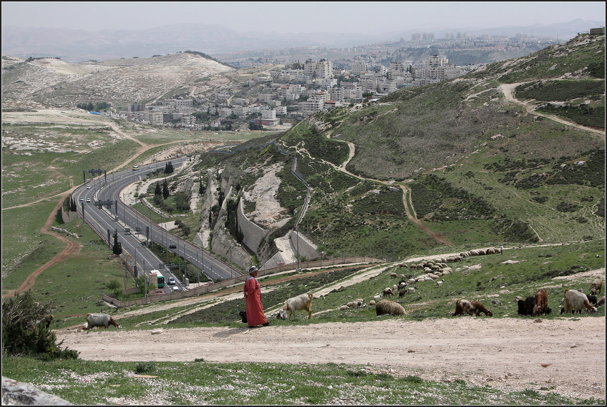 . Jenseits der Jerusalemer Hgelkette - 

Blick vom Mount Scopus nach Osten in Richtung des Jordantales und dem Totem Meer. Der Fotostandpunkt befindet sich auf etwa 800 Meter ber dem Meeresspiegel, das Tote Meer liegt ber 400 Meter unter NN. Es geht bis dahin also etwa um 1200 Meter abwrts. Das Landschaftsbild ist ein anderes in dieser Richtung, sehr karg und wstenhnlich.

Hier sieht man das stlich Ende des Har HaTsofim Tunnel. Die neue Schnellstrae mndet weiter unten in die Route 1.

24.03.2014 (Matthias)