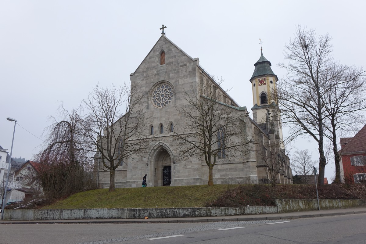 Abtsgmnd, St. Michael Kirche, erbaut 1885 nach Plnen von Baumeister Hecker, dreischiffige Basilika mit Rippenwlbung (15.02.2015)