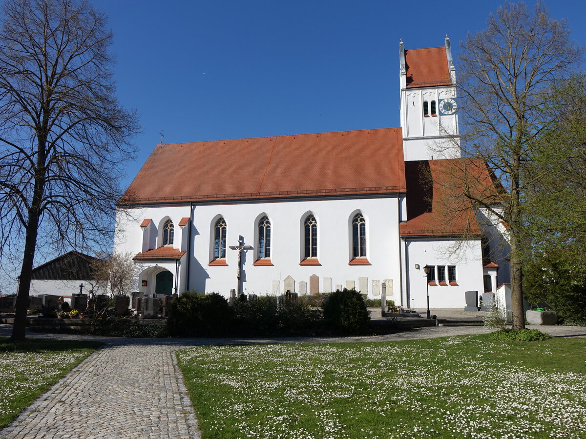 Adelshausen, Pfarrkirche St. Petrus, Turm sptgotisch, verndert 1890 (15.04.2015)