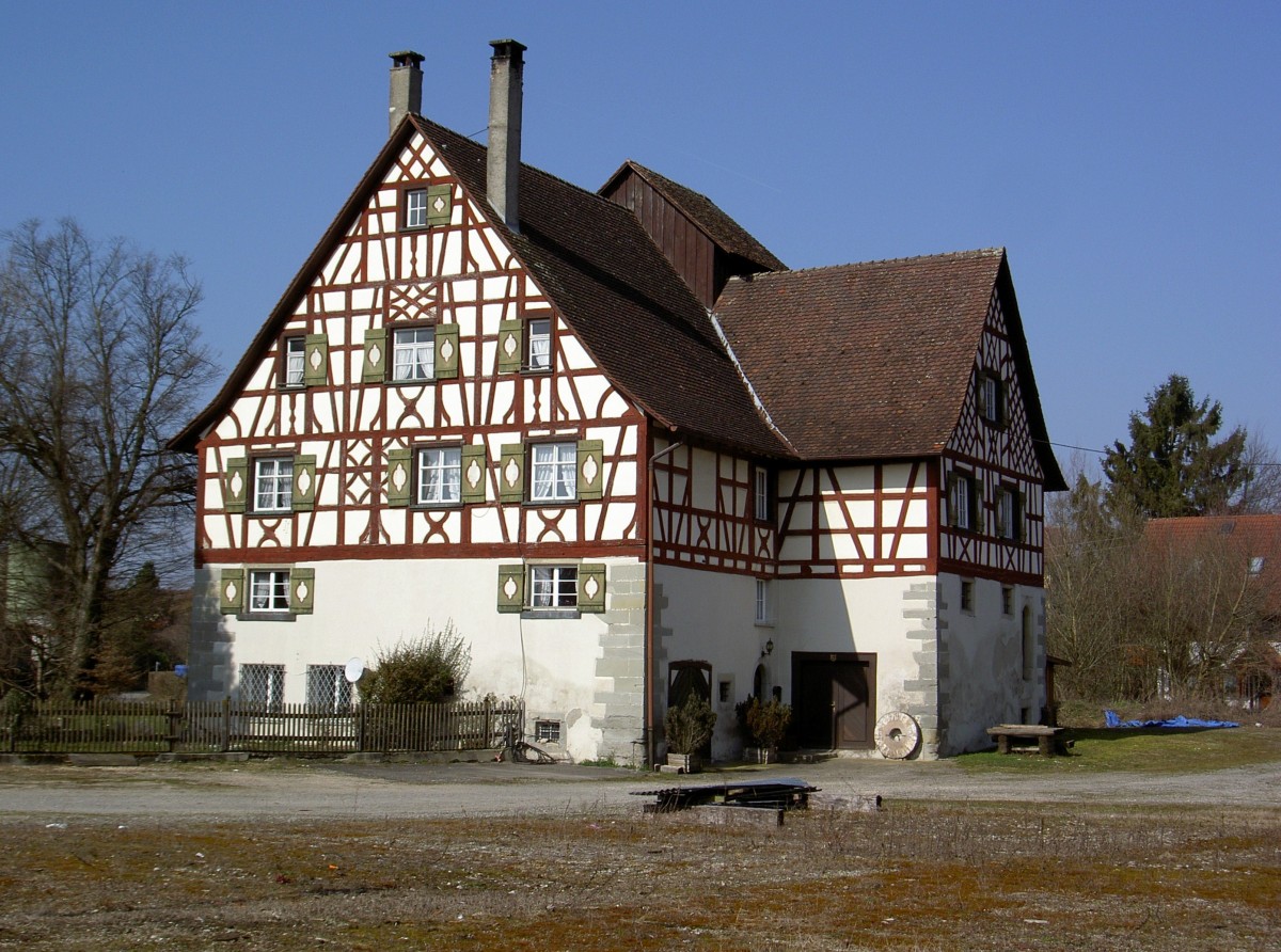 Ahausen bei Bermatingen, Fachwerkbau Obere Mhle (09.03.2014)