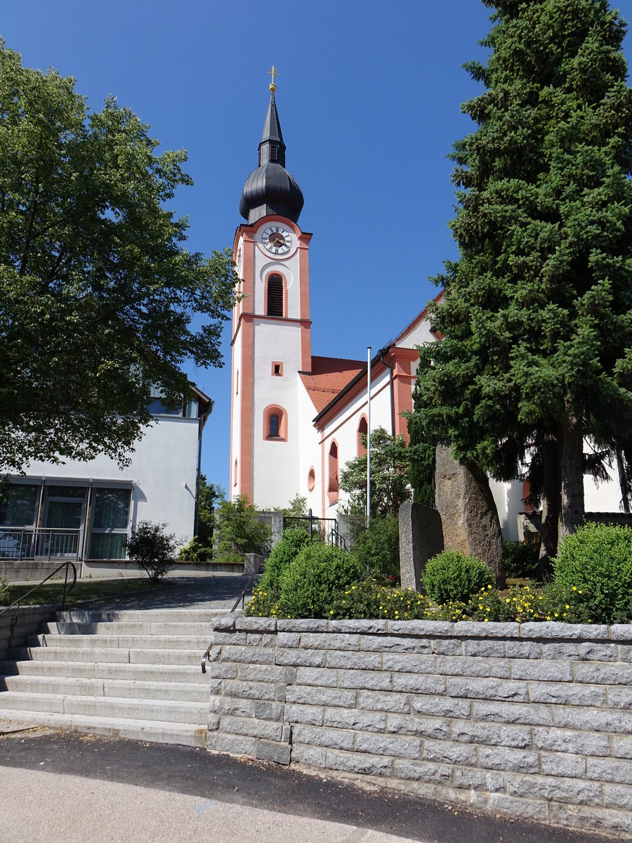 Altenthann, Pfarrkirche St. Nikolaus, Saalkirche mit eingezogenem Chor und linkem Seitenschiff, erbaut bis 1905 durch Heinrich Hauberrisser (02.06.2017)