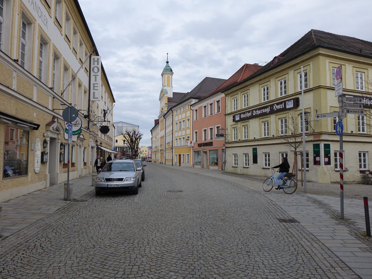 Alttting, Neuttinger Strae mit Kirche St. Joseph der engl. Frulein, Rokoko Saalkirche, erbaut von 1735 bis 1737 (14.02.2016)