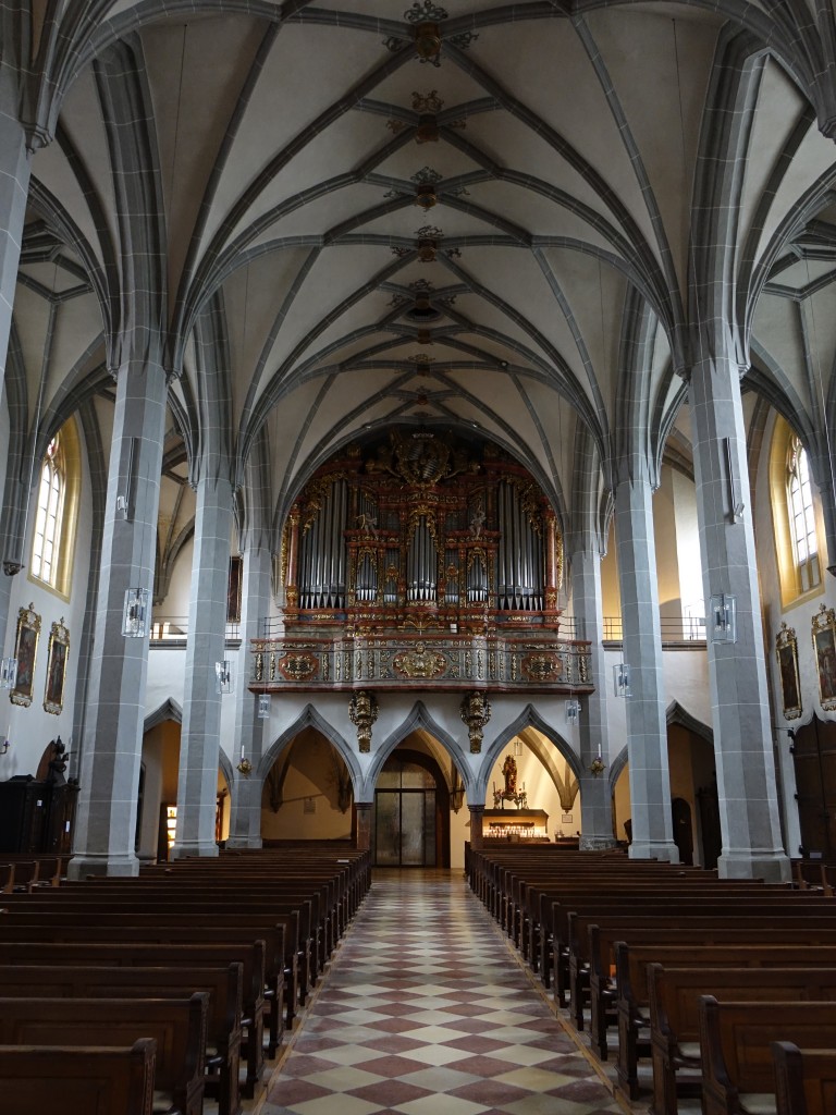 Alttting, Orgelempore in der Stiftskirche St. Phillip und Jakob, Orgel erbaut 2000 durch die Orgelfirma Thomas Jann, Orgelprospekt von 1724 (14.02.2016)